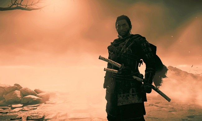 Jin in his ghost armor in front of a light brown background.