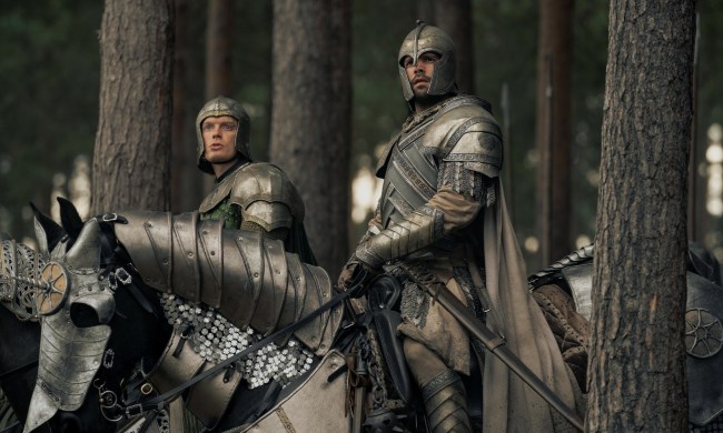 Ser Gwayne Hightower and Ser Criston Cole look up in fear in House of the Dragon season 2.